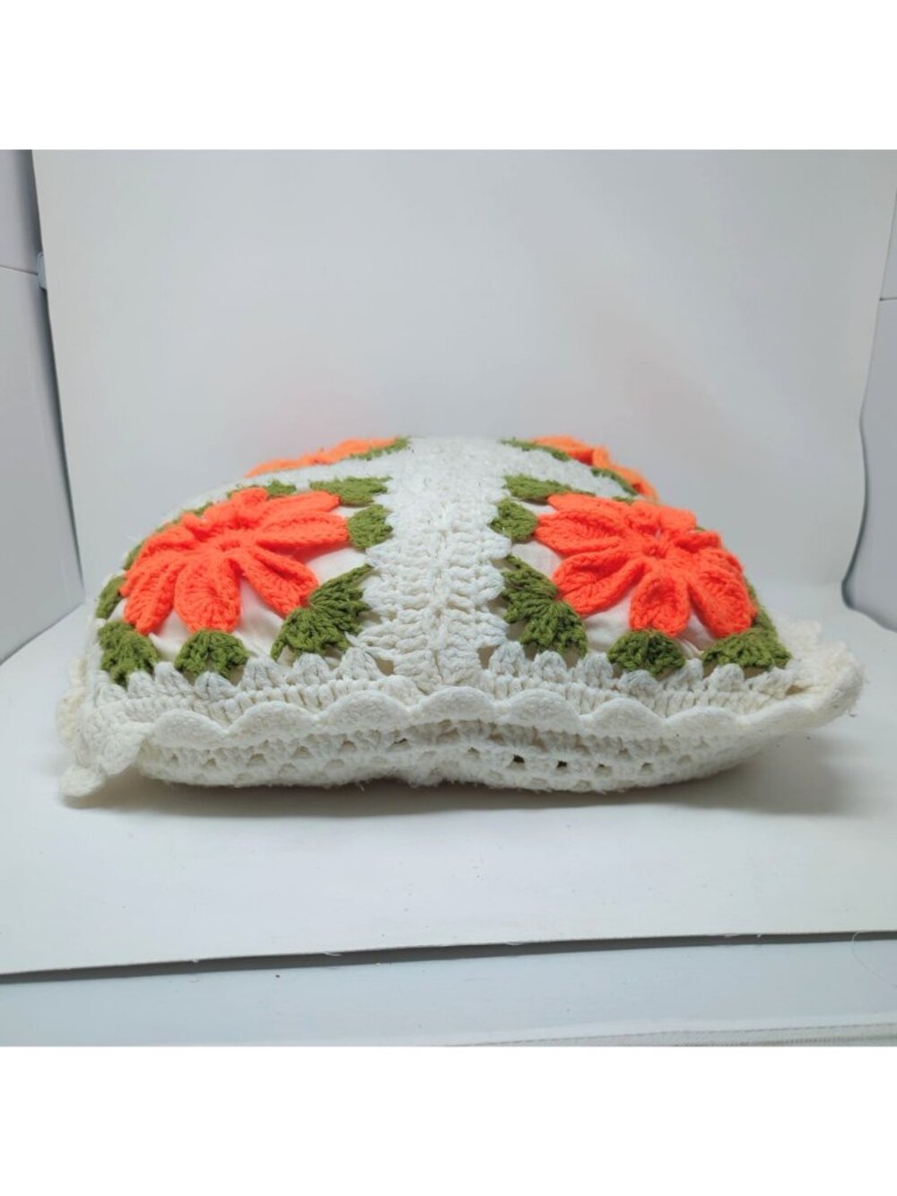 Crochet Pillow Square White Cottagecore Floral Hand - Picture 4 of 6